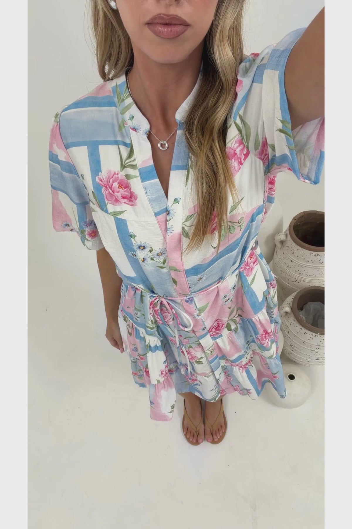 Alissa Mini Dress - Mandarin Collar Shirt Dress with Waist Tie in Bluebelle Print