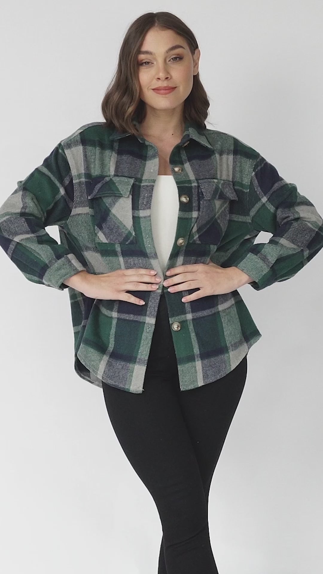 Bernie Shacket - Collared Checkered Button Down Shirt Jacket in Green