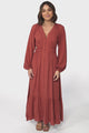 Agatha Maxi Dress - A Line Dress with Gathered Waistline and Long Sleeves in Guava