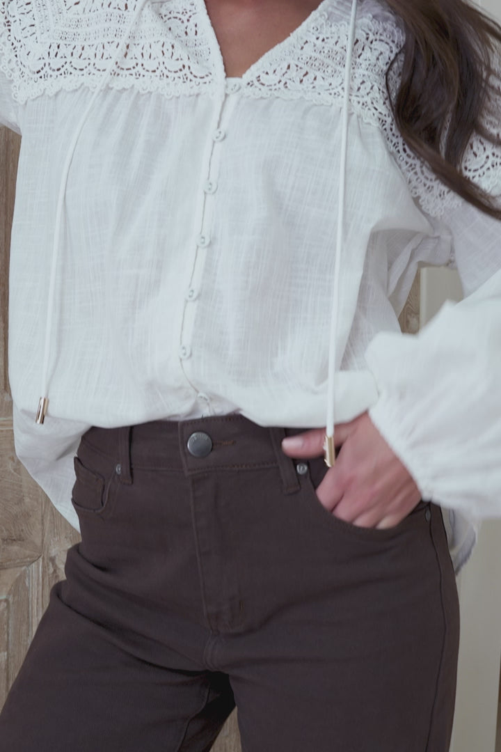Maldon Blouse - Lace Yoke Neckline Button Down with Neck Tie and Long Sleeves in White
