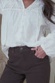 Maldon Blouse - Lace Yoke Neckline Button Down with Neck Tie and Long Sleeves in White