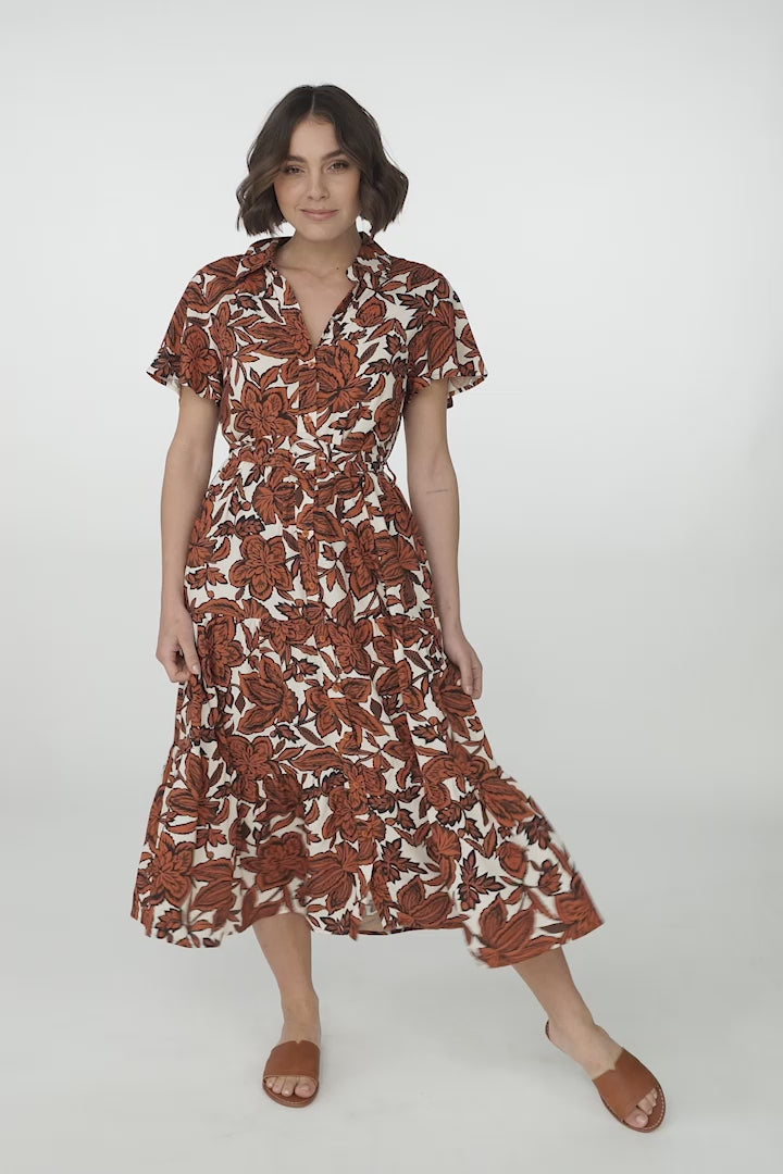 Luvira Midi Dress - Button Down Collared Dress With Statement Belt In Kallie Print