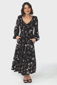 Elias Midi Dress - Shirred Elasticated Bodice A Line Dress with Long Sleeves in Maui Print Black