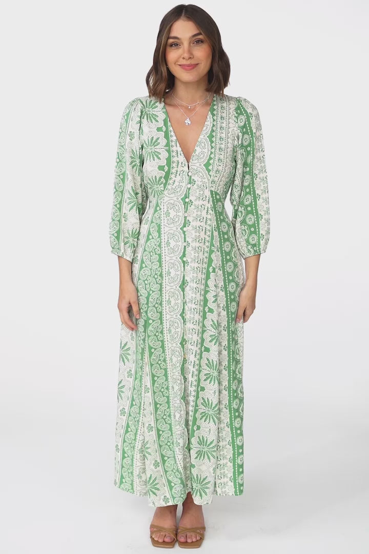 Monette Maxi Dress - Deep V Neck Button Down Dress with Balloon Sleeves in Adilla Print