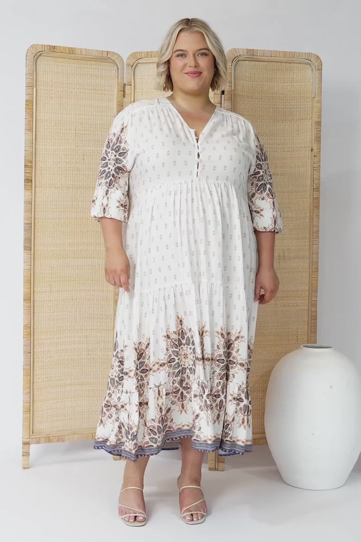 JAASE - Eve Midi Dress: V Neck Tiered Dress with Option Waist Tie in Gemstone Print