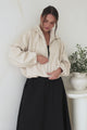 Vector Jacket - Faux Suede Zipper Closure Bomber Jacket with Hoodie in Cream
