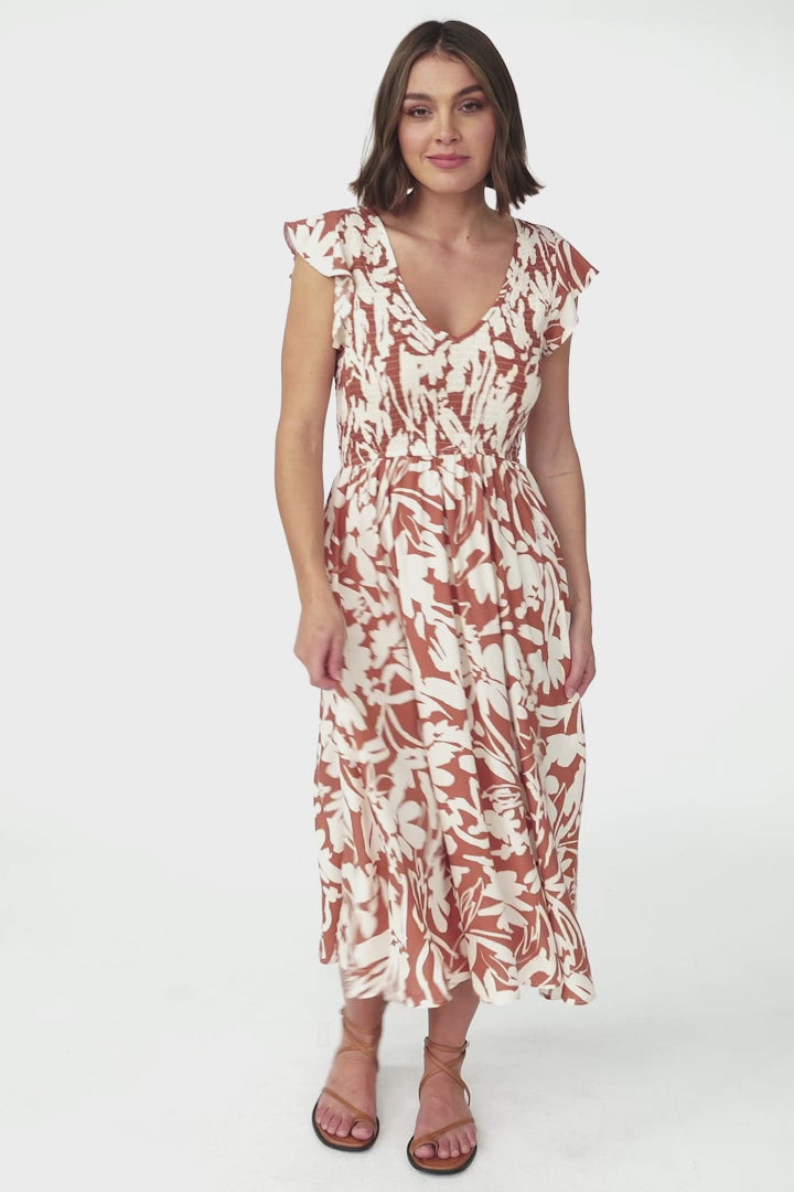 Mistee Midi Dress - Flutter Cap Sleeve Elasticated Bodice A Line Dress in Charis Print Rust