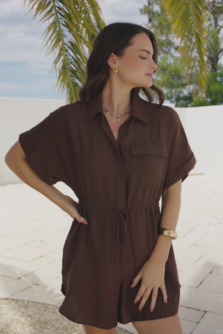 Brienne Playsuit - Collared Pull Tie Waist Playsuit with Pockets in Chocolate