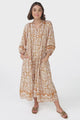 Kamali Midi Dress - Batwing Sleeve Smock Dress with Lace Detailing in Harley Print Rust