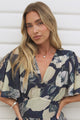 Jasmin Maxi Dress - V Neck Tiered A Line Dress with Flutter Sleeves in Celine Print Blue