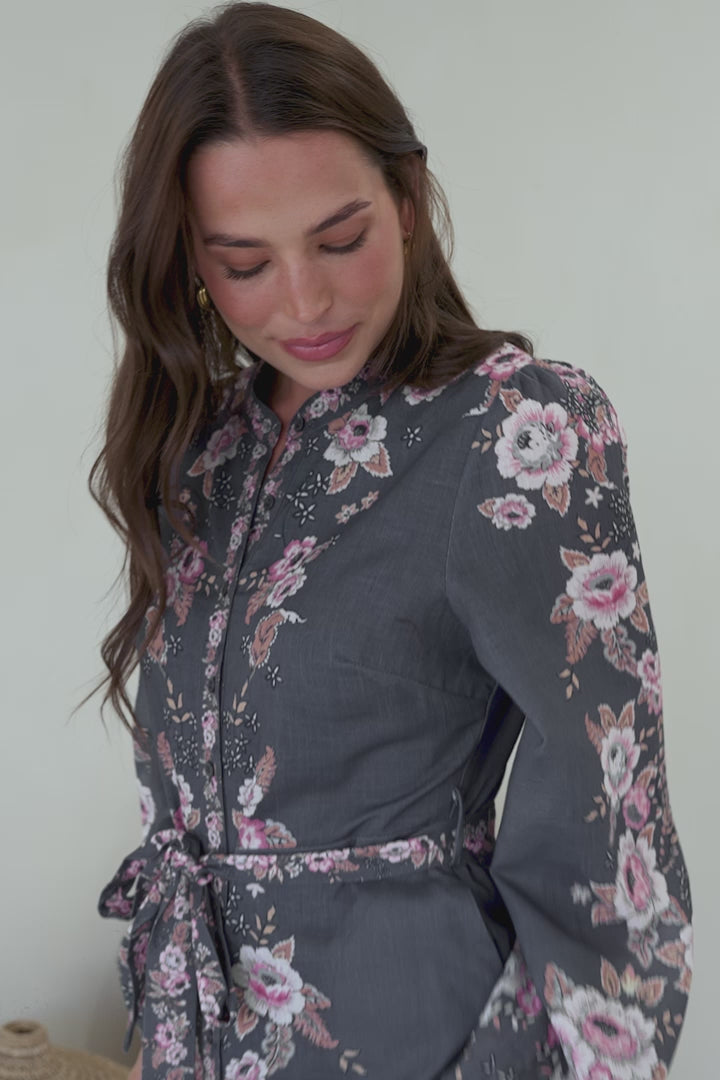 Moreana Midi Dress - Mandarin Collar Button Down Long Sleeve Dress with Belt in Fontana Print Grey