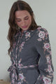 Moreana Midi Dress - Mandarin Collar Button Down Long Sleeve Dress with Belt in Fontana Print Grey