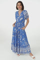 Selva Maxi Dress - Pull Tie Waist with Balloon Sleeves in Adrie Print Blue