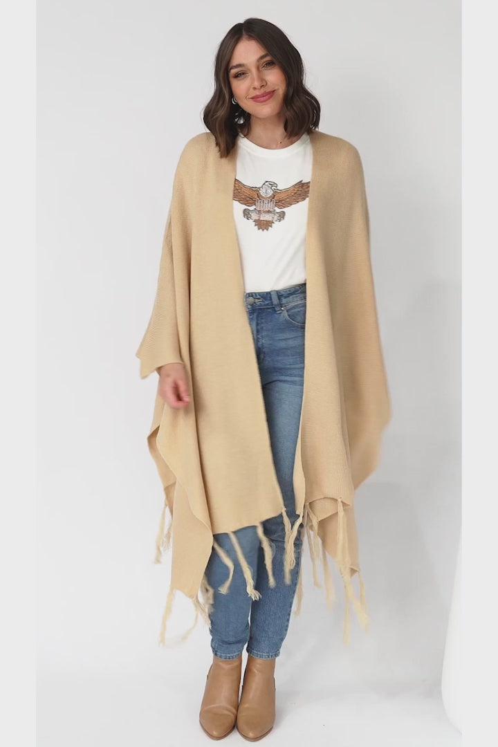 Kamdyn Poncho - Slouch Shoulder Throw Over Poncho in Camel