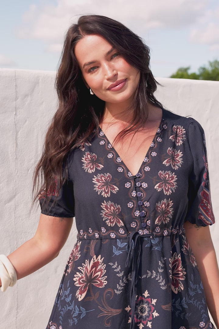 Bestie Mini Dress - V Neck Balloon Sleeve Dress with Tie Waist and Pockets in Magah Print Navy
