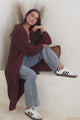 Jacky Cardigan - Ribbed Longline Knit with Balloon Sleeves and Pockets in Wine