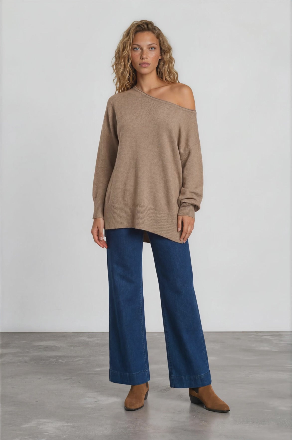 Willow Jumper - Crew Neck Batwing Sleeve Ribbed Step Hemline Knit in Camel