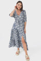 Rachel Maxi Dress - V-Neck 3/4 Sleeve Pull Tie Waist Tiered Dress in Brulette Print Blue