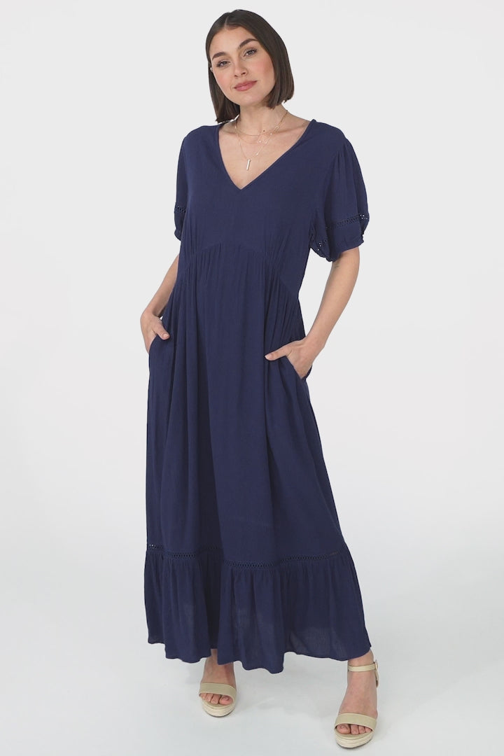 Marin Maxi Dress - Hollow-Out Lace Detailed Empire Waist Line Dress in Navy