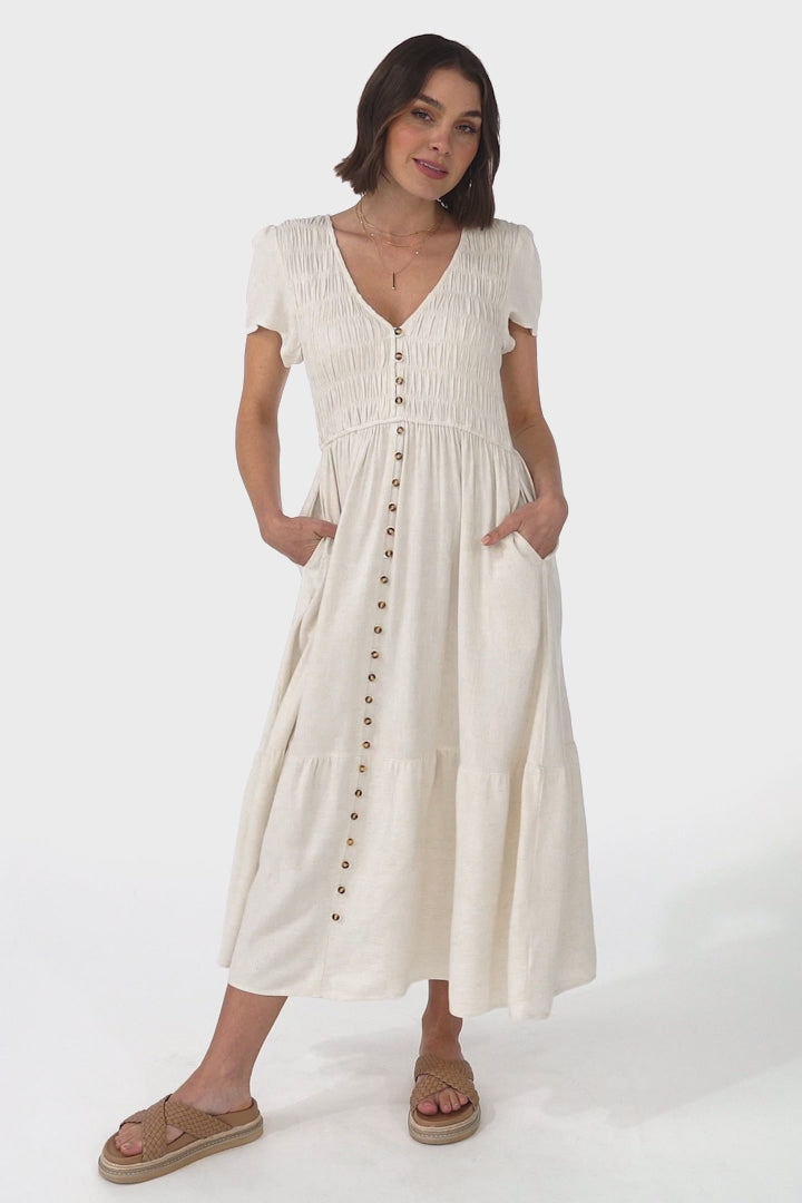 Stephan Midi Dress - Cap Sleeve Tortoiseshell Button-Down Tiered Dress in Cream