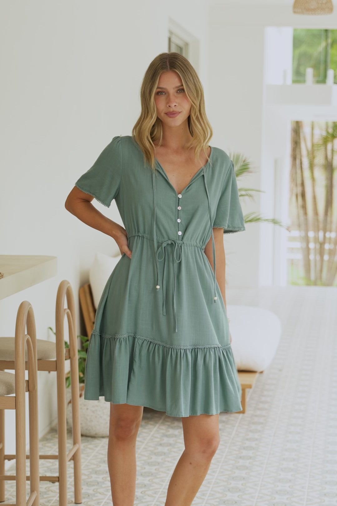 Brownie Mini Dress - Lace Trim Drawstring Waist Dress with Short Sleeves in Sage