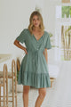 Brownie Mini Dress - Lace Trim Drawstring Waist Dress with Short Sleeves in Sage