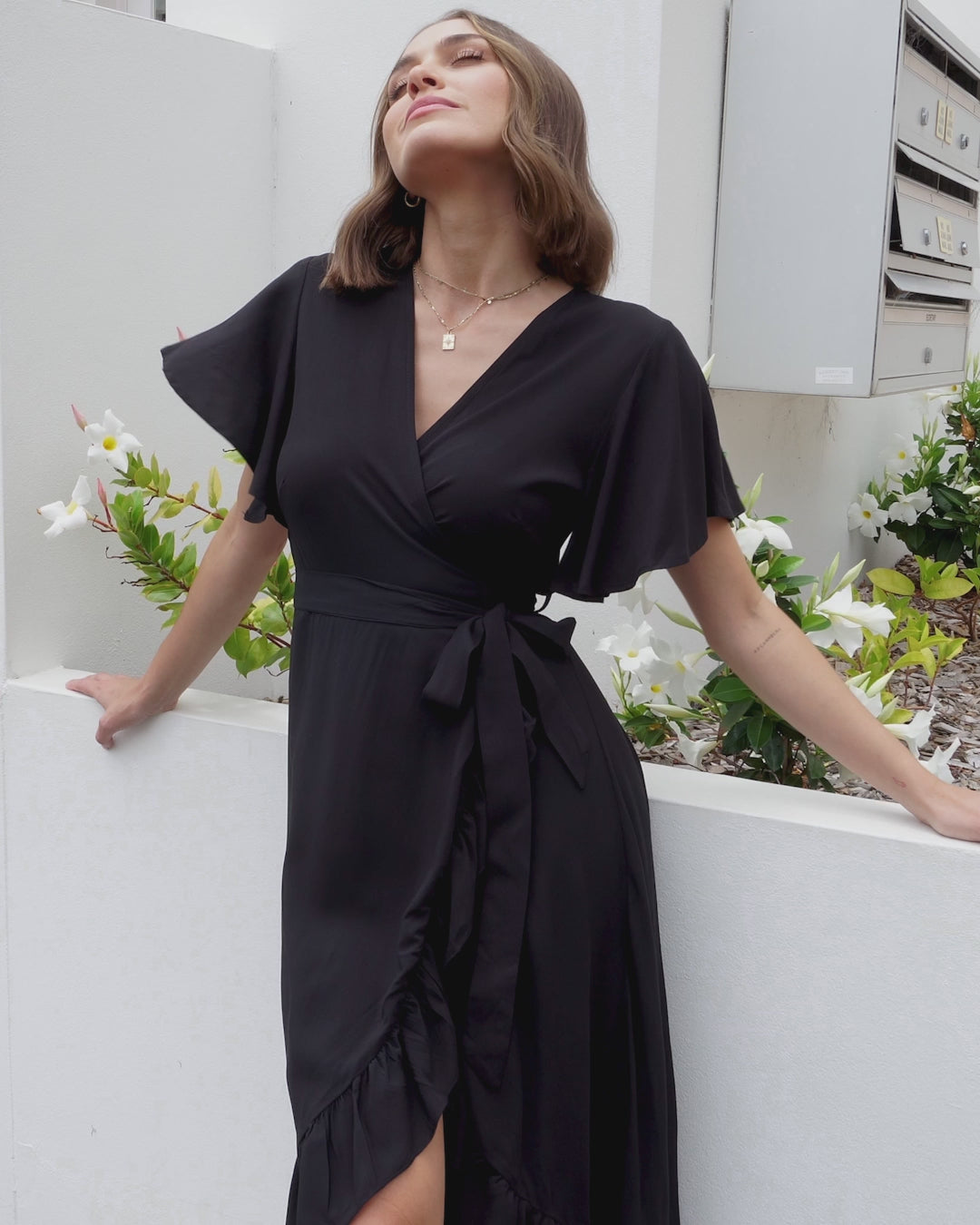 Carolina Midi Dress - V Neck Wrap Dress with Ruffle High Low Hemline in Black