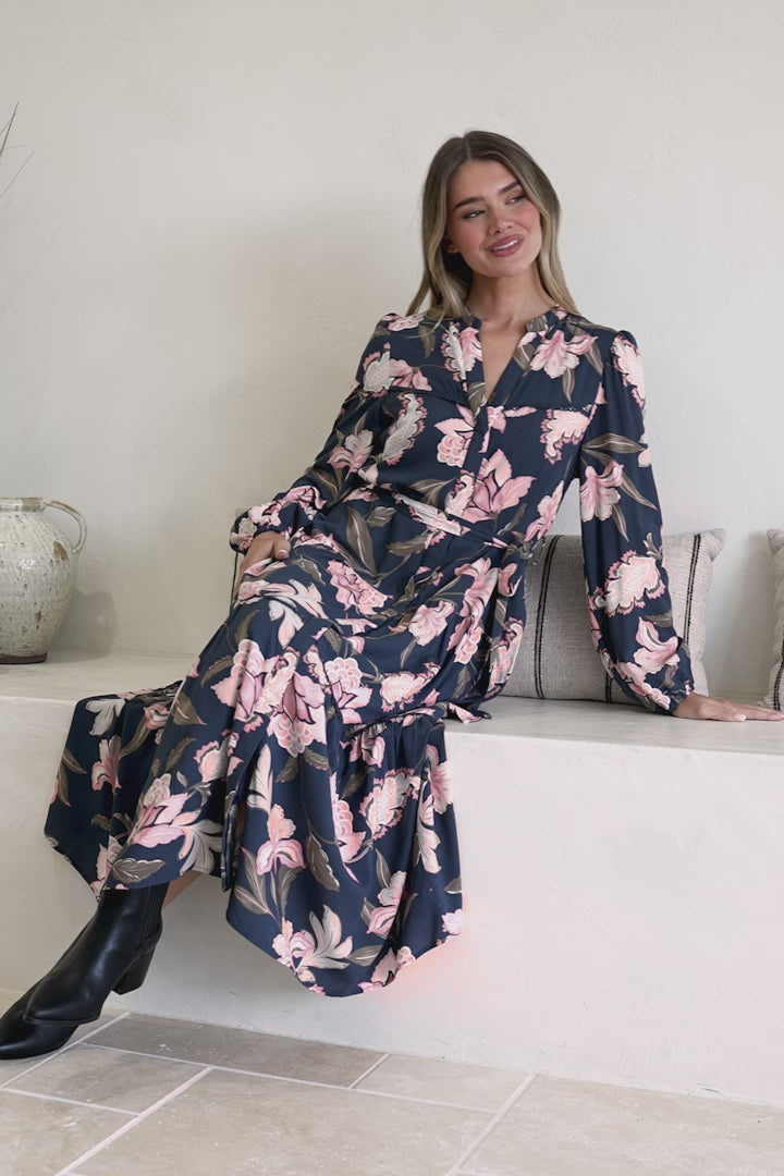 Bonham Maxi Dress - Mandarin Collar Front Button Placket Dress with Belt in Brighton Print