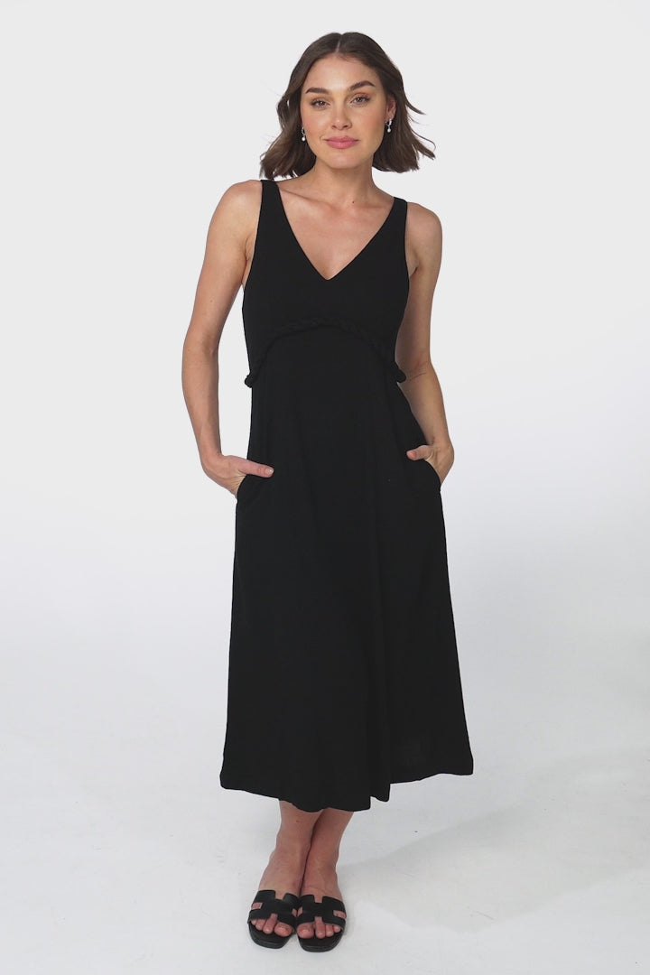 Seraphina Midi Dress - Linen Blend Sun Dress with Rope Detailed Underbust in Black