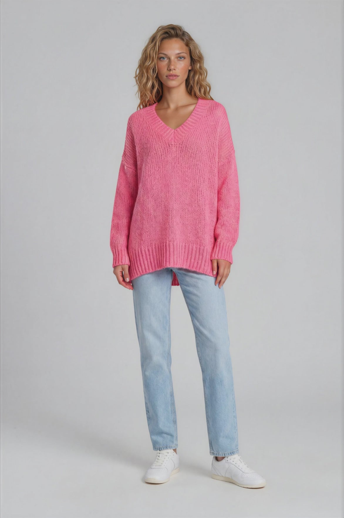 Thorne Jumper - V-Neck Ribbed Side Split Hemline Knit in Hot Pink