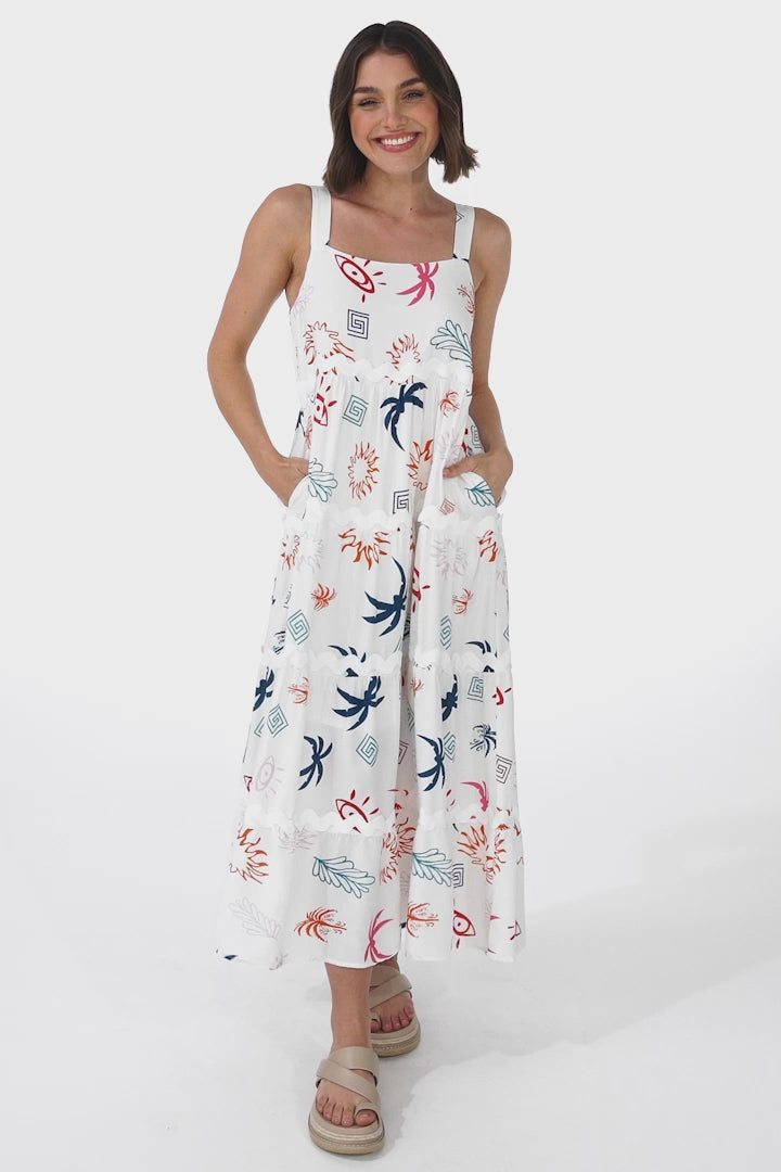 Amabel Maxi Dress - Thick Adjustable Strap Sun Dress in Kalista Print White