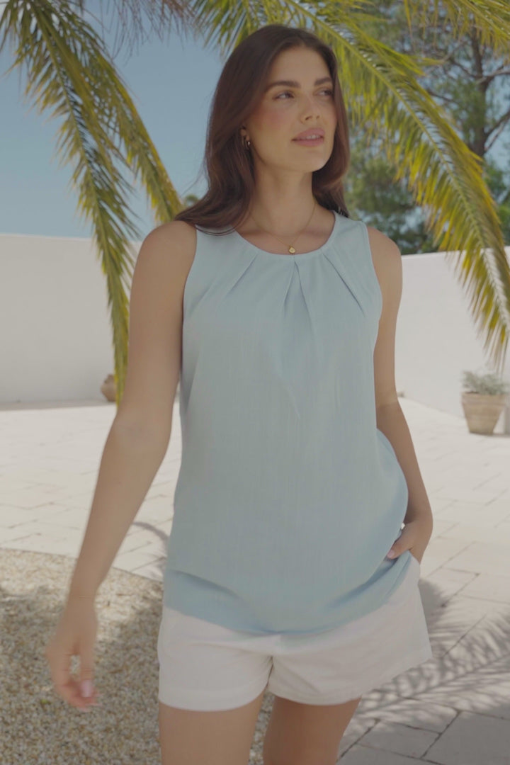 Genevieve Top - Crew Neck Sleeveless Linen Blend Top in Blue