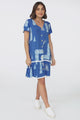 Amaris Mini Dress - V Neck Button Down Dress with Rick Rack Decal Saba Print in Blue