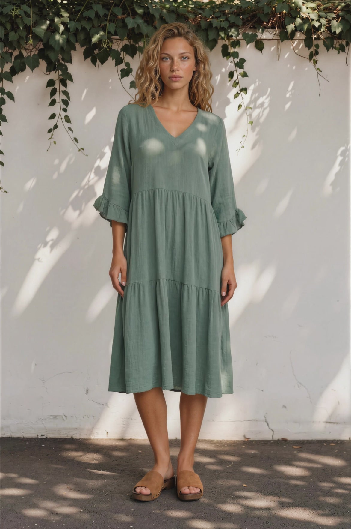 Bobby Midi Dress -  V-Neck Tiered Linen Dress with Pockets in Green