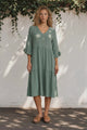 Bobby Midi Dress -  V-Neck Tiered Linen Dress with Pockets in Green