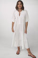 Ayva Midi Dress - 3/4 Sleeve Tiered Smock Dress in White