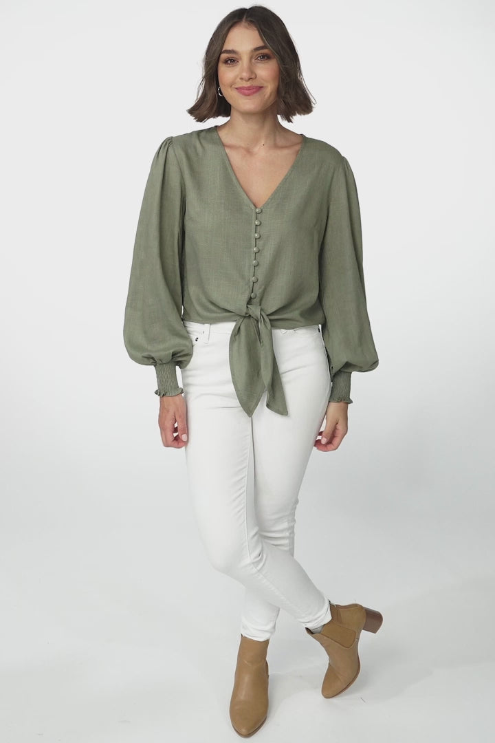 Amber Top - Button Down with Tie Detail Top in Green