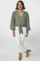 Amber Top - Button Down with Tie Detail Top in Green