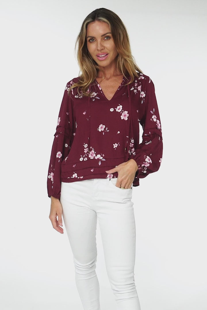 Albany Top - Pleating Details Pull Over Top With Long Balloon Sleeves In Maron Print Red