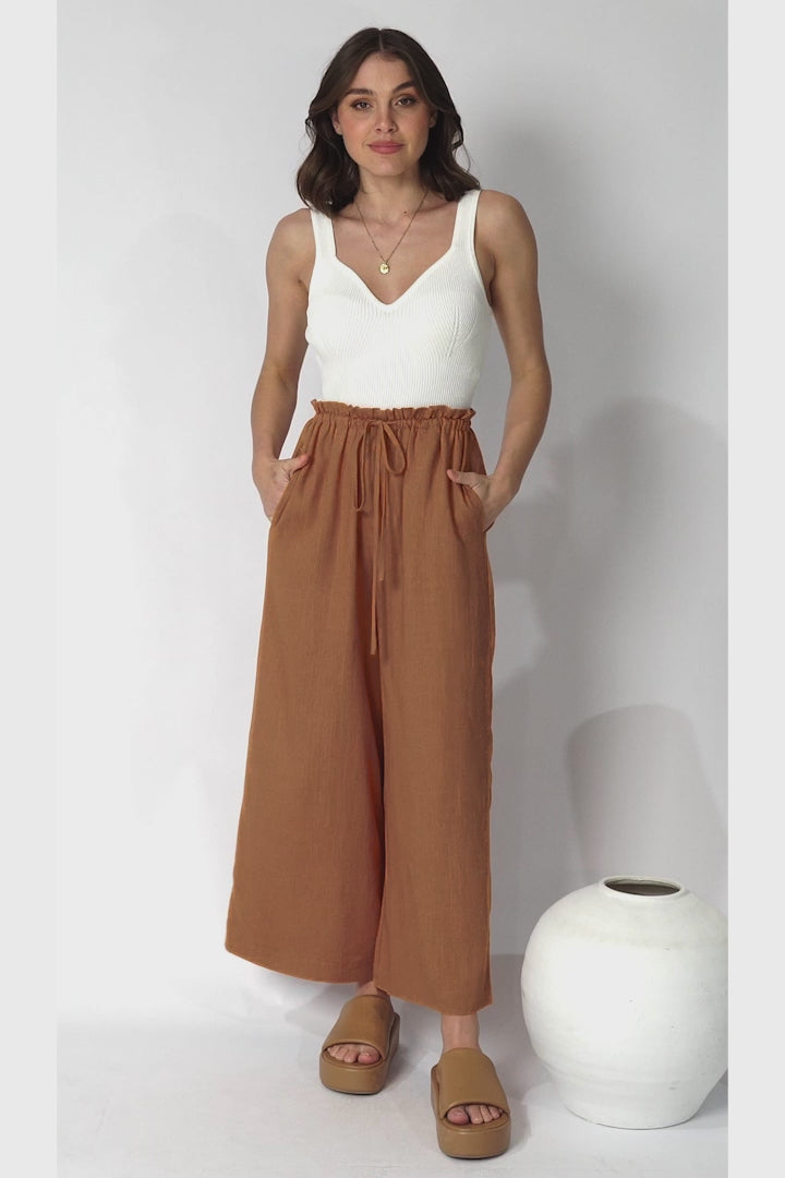 Armon Pants - Paper Bag Waist with Tie Wide Leg Pants in Rust