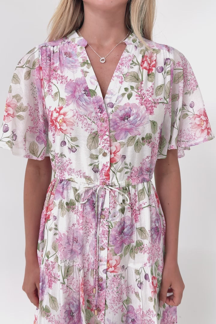 Vesna Mini Dress - Mandarin Collared Flutter Sleeve Shirt Dress with Waist Tie in Honora Print