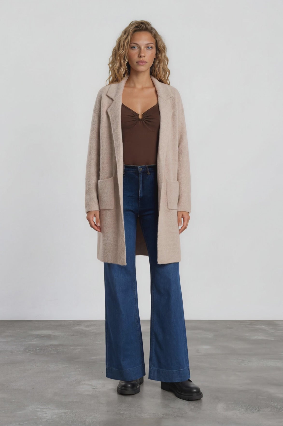 Keagan Cardigan - Folded Lapel Collar Coatigan with Pockets in Camel