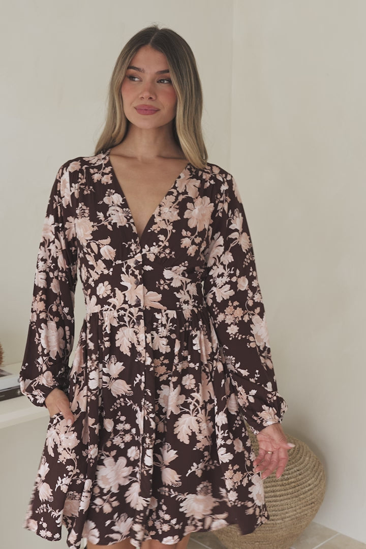 Soho Mini Dress - A Line Button Down Tiered Dress in Hollis Print Brown