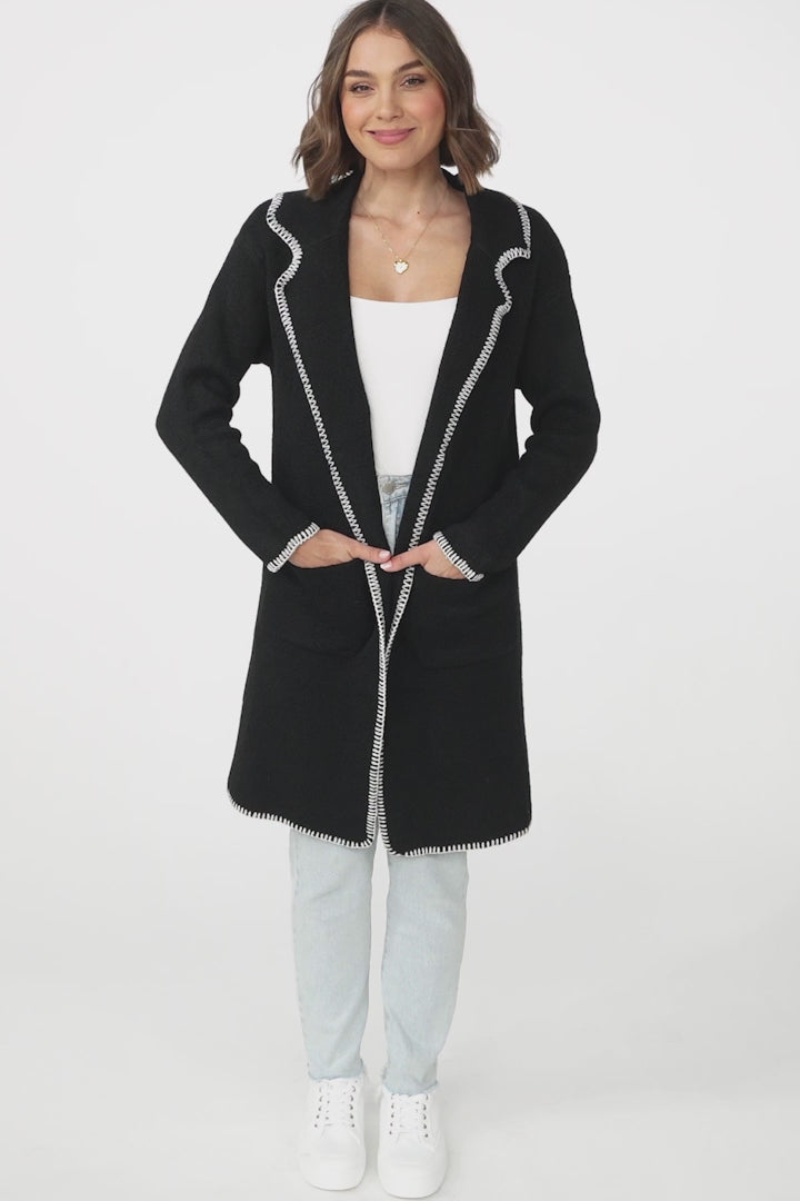 Kinny Cardigan - Collared Contrast Stitching Cardigan in Black