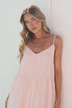Alora Midi Dress - Textured V Neck Tiered Dress with Adjustable Straps in in Pink