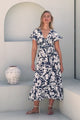 Tea Midi Dress - Pull In V Neckline Dress with Cap Sleeves in Charis Print Blue