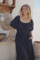 Teddie Maxi Dress - On or Off Shoulder Gathered Waist A-Line Dress in Navy
