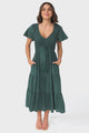 Amaya Midi Dress - Shirred Cap Sleeve A Line Dress in Emerald