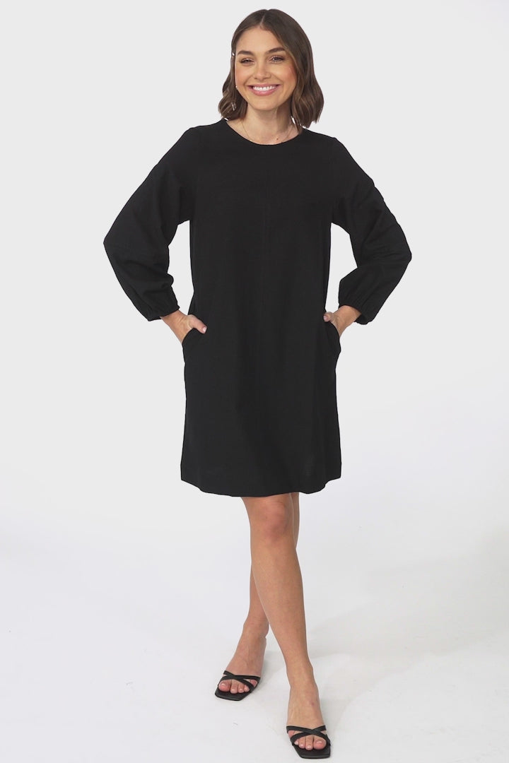 Ivanna Mini Dress - Crew Neck Shift Dress with Balloon Sleeves in Black