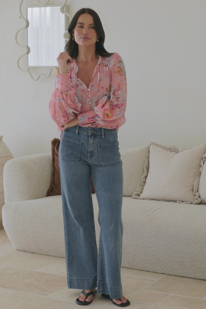 Violet Blouse - Frill Collar Button Down Balloon Sleeve Blouse In Ginnee Print